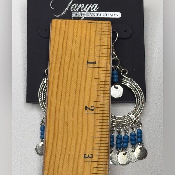Bohemian Silver and Blue Dangle Hoop Earrings with Fringe 3 inch - Picture 6 of 6